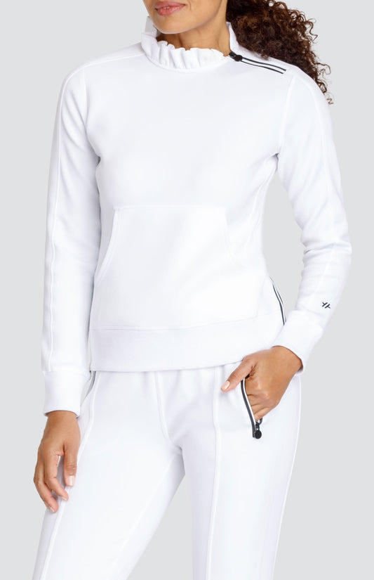 Model is wearing a Chalk pullover with side zipper at the collar and kangaroo pocket. Paired with the matching Chalk Eleanor joggers.