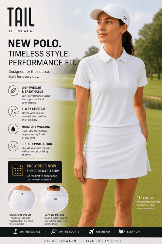 A woman modeling a white polo shirt and matching cap on a golf course, with promotional text and feature callouts for Tail Activewear's new polo shirt.